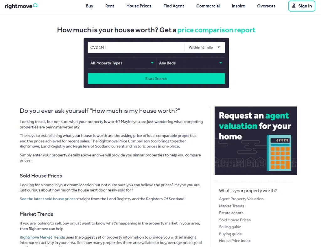 Screenshot of Rightmove's house price comparison tool