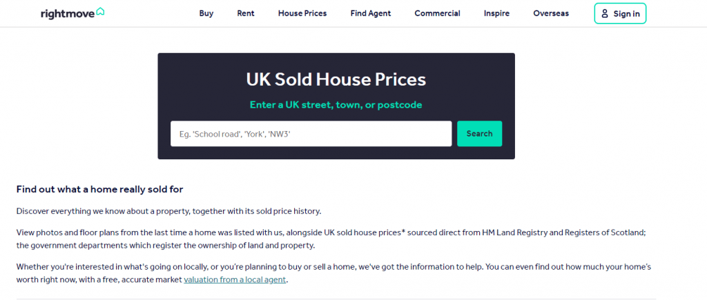 Zrzut ekranu wyszukiwarki cen sprzedanych domów Rightmove